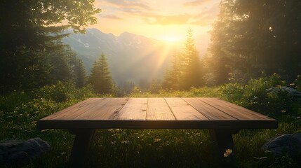 5. A beautifully crafted wooden desk in a verdant forest clearing, with the sun rising over the mountains in the background, creating a harmonious atmosphere for showcasing products
