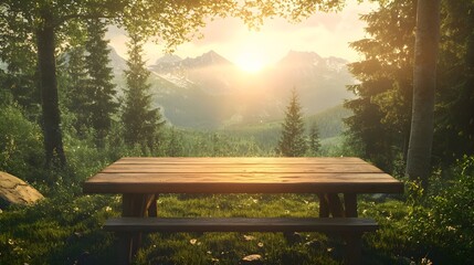 5. A beautifully crafted wooden desk in a verdant forest clearing, with the sun rising over the mountains in the background, creating a harmonious atmosphere for showcasing products