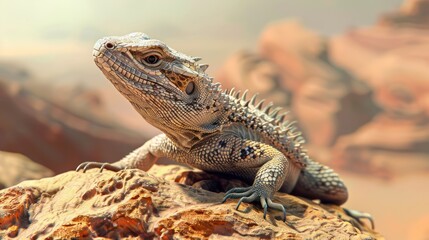 Fototapeta premium A close-up photograph of a lizard perched on a rock, highlighting its sharp, detailed scales and the natural texture of its skin, set against a rustic, natural environment with clear lighting.