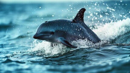 Fototapeta premium Dolphin Leaping from Crashing Blue Ocean Wave