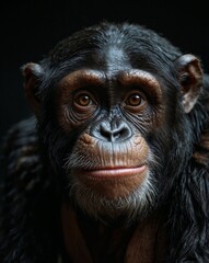 professional photo of gorilla close up looking at camera front view in a dark room black background