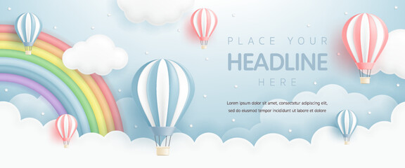 3D vector with hot air balloon, cloud and rainbow in blue sky background for kid banner, baby shower, birthday greeting card, children's day, Valentine's Day, social media, wallpaper, website, sale