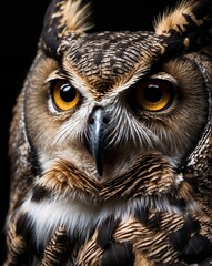 Obraz premium professional photo of sleepy horned owl ear up close up front view in a dark room black background
