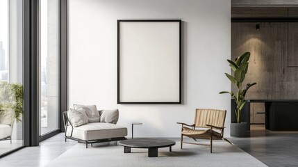 Fototapeta premium Blank poster mockup with vertical black frame on white wall interior background