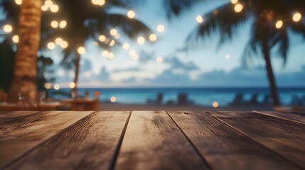 2. A charming wooden table in the foreground with a defocused beach cafe scene behind it, illuminated by shimmering bokeh lights, evoking a relaxed coastal vibe
