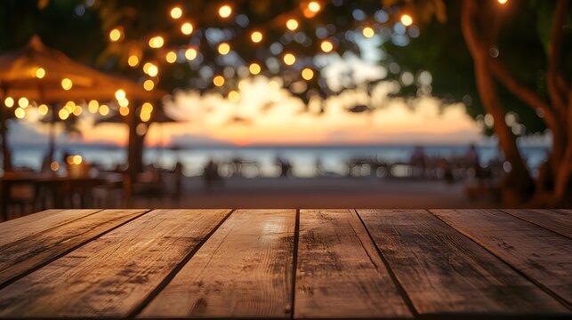 3. A weathered wooden table featuring a casual setup, with a blurred beach cafe and sparkling bokeh lights in the background, perfect for capturing a summer evening ambiance