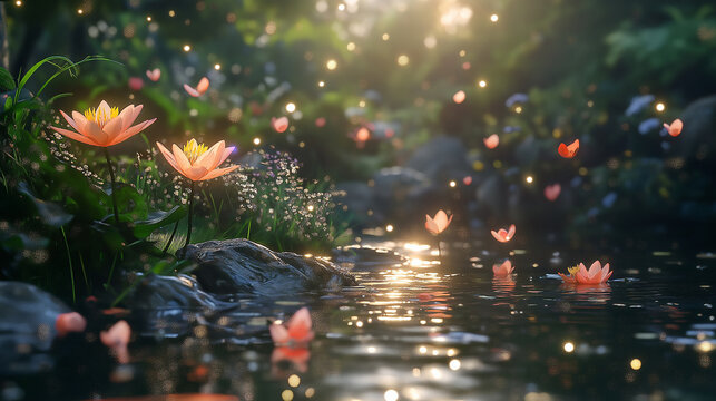 A photorealistic garden with flowers emitting a soft glow, floating petals slowly falling in the air, with ultra-realistic shadows and reflections from the natural lighting