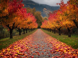 A path lined with vibrant autumn trees leads towards a misty mountain range, with fallen leaves and apples scattered on the ground.