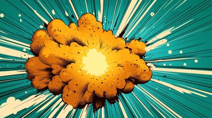 A dramatic comic book explosion with a bright yellow burst, surrounded by teal rays and white speckles.