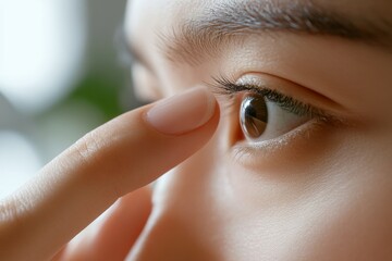 a close-up of a person placing contact lens