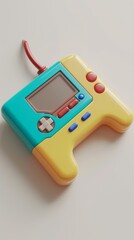 A retro-inspired handheld gaming console in bright teal, yellow, and red colors, featuring simple button controls and a small screen. This nostalgic piece is a playful nod to classic gaming devices