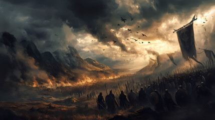 A mythical norse battlefield, where warriors are chosen by valkyries under a stormy sky, bound for valhalla. Valkyrie. Illustration