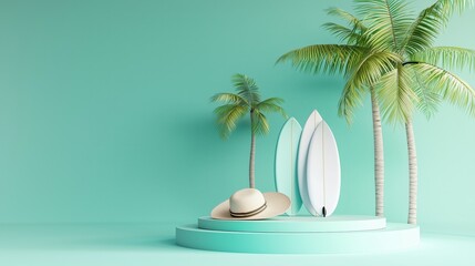 Obraz premium Empty Podium with Coconut and Surfboard Display