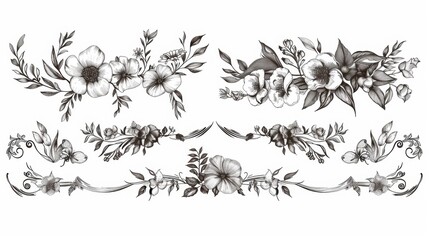 Elegant Monochrome Floral Ornament Designs with Botanical Leaves and Branches