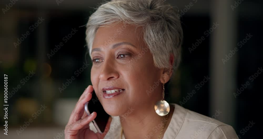 Canvas Prints Phone call, mature woman and talking with smile, night and working late for corporate, contact and overtime. Dark, communication and schedule of appointment for interview of journalist and boss