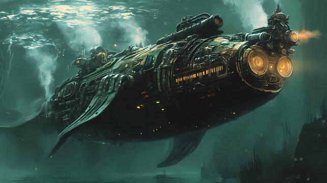 A uniquely striking dieselpunk selkie emerges from the depths of an eerily still lake, a fusion of mechanical ingenuity and mythical allure. Selkie. Illustration