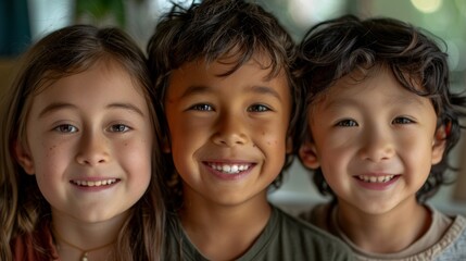 A close-up of three kids from various ethnic backgrounds, smiling warmly