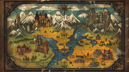 Enchanting Fantastical Landscape with Medieval Castle Mountains and Flowing River