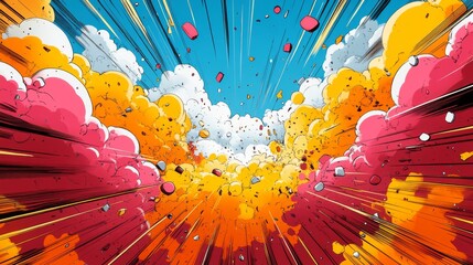 A vibrant comic book explosion with colorful clouds and dynamic lines.