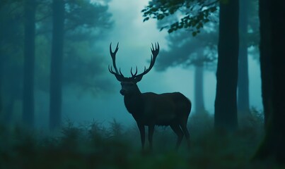 silhouette of a red deer stag in a beautiful forrest clearing , Generative AI