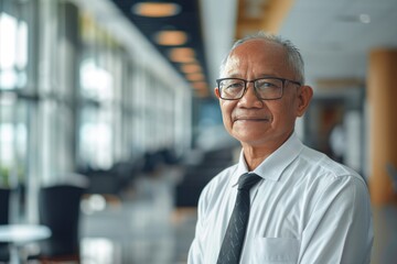 Portrait of successful senior Malay businessman consultant looking at camera and smiling inside modern office building , background blur