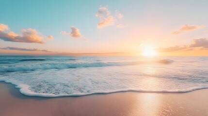 Fototapeta premium 4. A tranquil summer beach view at sunset, with warm hues reflecting on the water, offering an inviting and open area for text or product mockup in a vacation travel theme