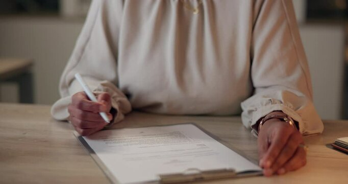 Hands, business and woman with document contract to review information, legal process and sign agreement. Person, writing and paperwork for negotiation detail, compliance and terms of risk management
