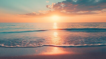 Obraz premium 4. A tranquil summer beach view at sunset, with warm hues reflecting on the water, offering an inviting and open area for text or product mockup in a vacation travel theme