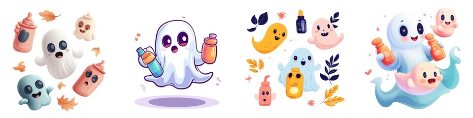 Colorful cartoon ghosts with playful expressions and accessories on a white background.