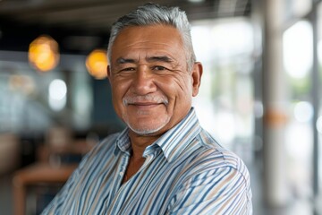 Fototapeta premium Portrait of successful senior Maori businessman consultant looking at camera and smiling inside modern office building , background blur