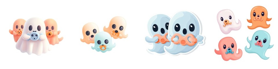 Fototapeta premium Cute ghost characters in various colors, playful expressions, perfect for festive themes.