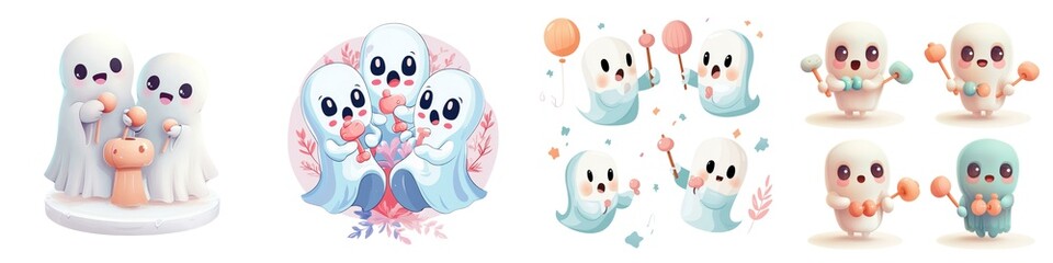 Fototapeta premium Cute ghost characters playing with balloons in a whimsical design.