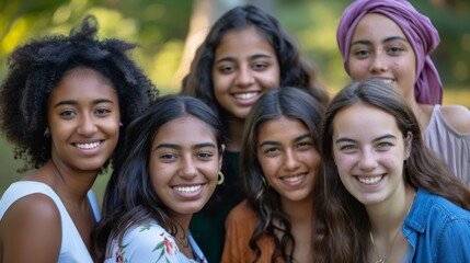 Fototapeta premium A diverse group of young women, all smiling and standing closely together
