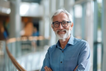 Fototapeta premium Portrait of successful senior Mtis businessman consultant looking at camera and smiling inside modern office building , background blur