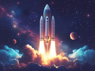 A powerful rocket launches into space with a trail of fire, surrounded by clouds and stars.