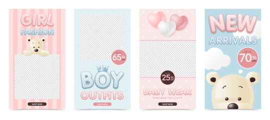 Set of banner template with cute bear for social media, baby store and kid shop, fashion, boy outfit, clothes and toy, advertising, sale discount promotion and online shop. vector illustration