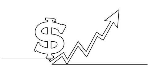 Dollar rising and increase to be stronger concept one line drawing vector, Continuous line drawing of arrow up. Illustration vector of graph. Business growth icon. Bar chart, object one single line