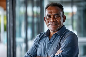 Obraz premium Portrait of successful senior Papua New Guinean businessman consultant looking at camera and smiling inside modern office building , background blur