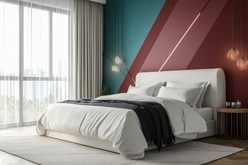 Interior of modern bedroom with double bed and white linen, color ful wall with patterns. Accent wall with maroon and blue diagonal wall paint. generative ai