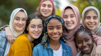 Obraz premium A group of young women from various ethnicities, all smiling and standing closely