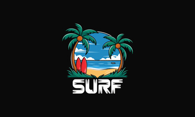 Naklejka premium Surfboards on beach with palm trees and ocean view.