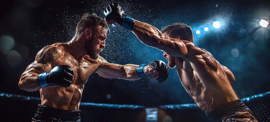 MMA Fighters In Action  Mixed Martial Arts Competition  Boxing Gloves  Octagon Cage   Sweat  Fight  Championship