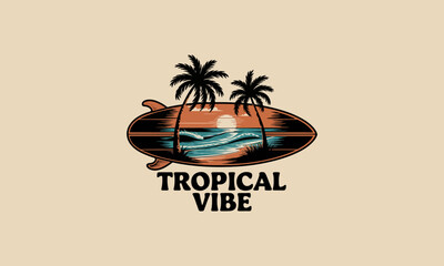 Obraz premium Surfboard with sunset, ocean waves, and palm trees