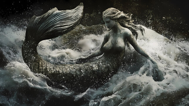 Antique selkie sculpture under hailstorm, high detail, dramatic lighting, close-up, historic textures,. Selkie. Illustration