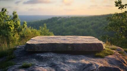 1. A flat small stone podium positioned on a rugged rock platform, set against a backdrop of a lush green forest and a serene blue horizon, illuminated by soft daily light, ideal for product display