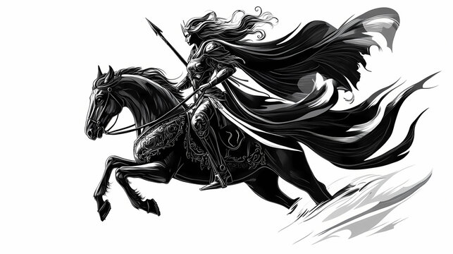 Black and white illustration of a valkyrie on a horse on a white background. Valkyrie. Illustration