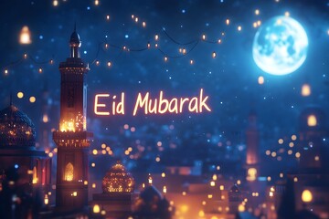 3D text Eid Mubarak on billboard at night in a city eid mubarak concept with modern building and moon. 