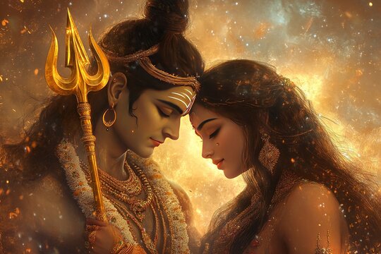 lord shiva and Parvati romance with golden trident. cosmic aura. hyper realistic.generative ai