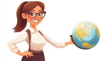 Fototapeta premium Cartoon teacher holding a globe, pointing to continents, smiling confidently, isolated on a white background.