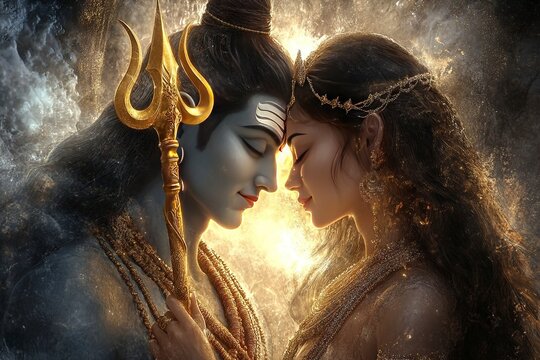 lord shiva and Parvati romance with golden trident. cosmic aura. hyper realistic.generative ai